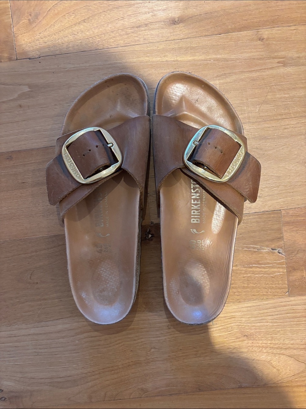 Birkenstock Brown Leather Single-Strap Slide with Gold Buckle